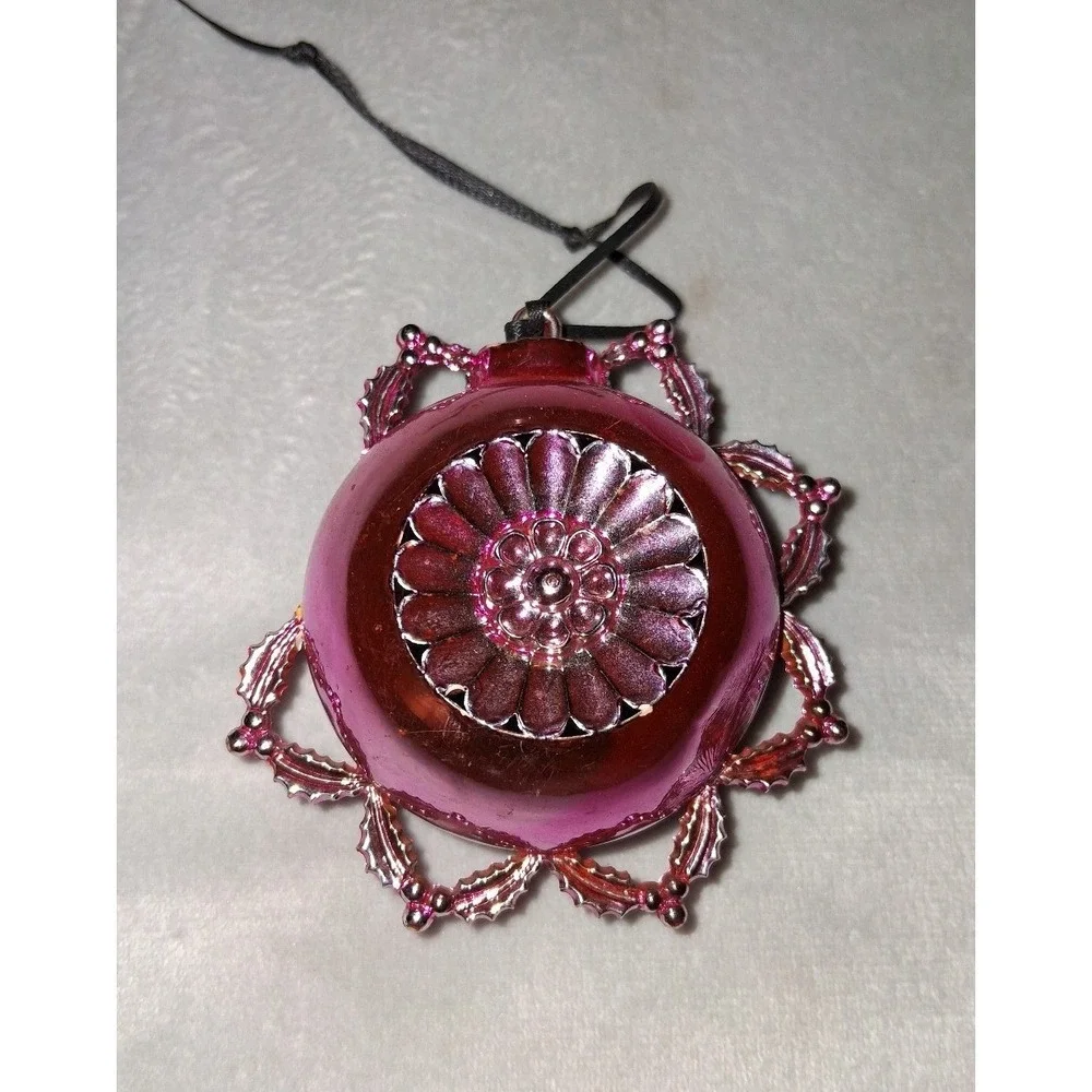 Vintage Pink Glass Christmas Ornament Metal Filigree Floral Medallion 3